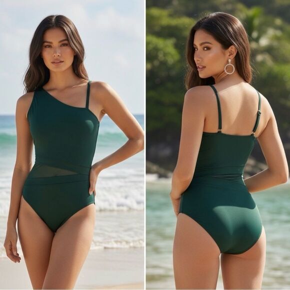 Lands' End Other - Land's End Plus Size Smoothing Mesh 1 Piece Swimsuit 1 shoulder Balsam Green 12